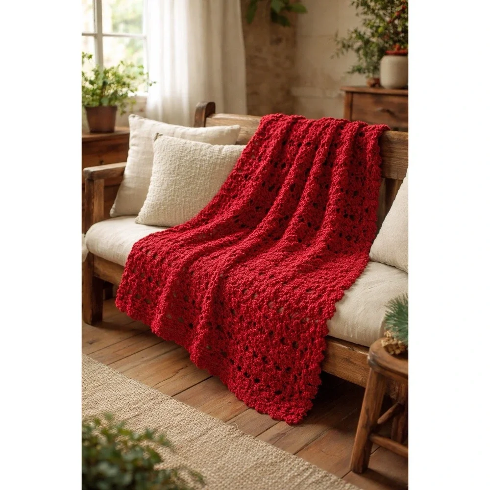 Hand Crocheted Red Throw Blanket | Vintage Boho Cottage Knit Afghan